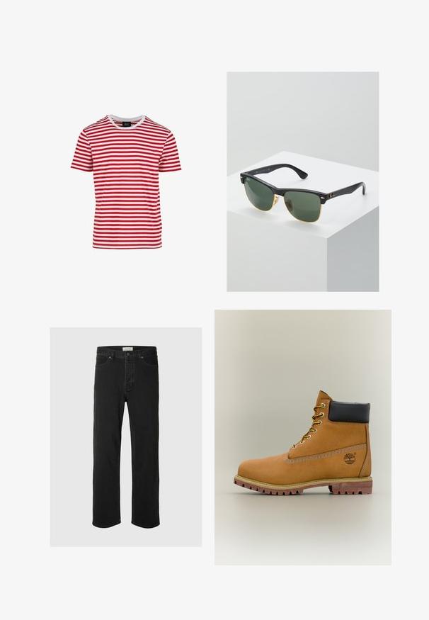 Camiseta de manga corta a rayas rojas y blancas con cuello redondo, hecha de una tela de textura suave. Presenta rayas horizontales uniformes.; Los jeans rectos de mezclilla negra presentan un diseño clásico de cinco bolsillos con cierre de botón, costuras mínimas y una textura suave.; Bota de tobillo de cuero marrón con cuello negro, cordones amarillos y suela beige. Presenta un logotipo y detalles de costura blanca. Suela exterior con tracción robusta.; Gafas de sol Ray-Ban con lentes verdes, montura de plástico negro y acentos dorados en los bordes. Forma cuadrada con acabado mate.