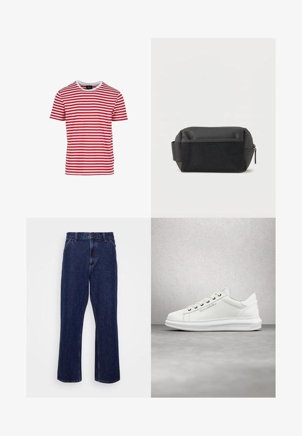Rød- og hvidstribet kortærmet t-shirt med rund hals, lavet af stof med en glat tekstur. Har jævne vandrette striber.; Mørkeblå denim jeans med lige ben-design, der har knaplukning, fem lomme-stil og diskrete syninger.; Hvide lædersneakers med rund tå, glat tekstur, udstyret med off-white snørebånd, sølvøjer og prægede logo på siden.; Sort rektangulær toilettaske med netlomme foran, sidelomme og lynlåslukning på hvid baggrund.
