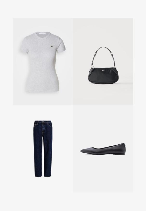 Camiseta ajustada de manga corta en gris claro con cuello redondo y un pequeño logotipo de cocodrilo verde de Lacoste en el lado izquierdo del pecho.; Jeans de mezclilla azul oscuro con un diseño de pierna recta, que presentan una cintura alta, estilo de cinco bolsillos y costuras en contraste. Sin adornos.; Zapato plano de cuero negro con punta puntiaguda y tacón bajo, mostrado de perfil contra un fondo blanco.; Bolso de hombro negro con correa ajustable, cierre de cremallera y pequeño logo plateado de cocodrilo en el centro delantero.