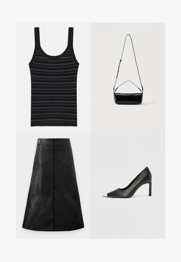 Débardeur noir à rayures blanches fines, avec un col rond et de larges bretelles. Texture lisse, design ajusté.; Jupe en cuir noir en forme A avec une texture lisse, arborant des motifs de coutures géométriques et une fermeture éclair dissimulée à l'arrière.; Chaussure à talon haut en cuir noir avec bout pointu et capuchon argenté métallique. Présente une finition lisse et un talon fin de 10 cm.; Sac bandoulière rectangulaire en cuir noir avec bandoulière ajustable, fermeture éclair sur le dessus et petit logo Calvin Klein doré sur le devant.