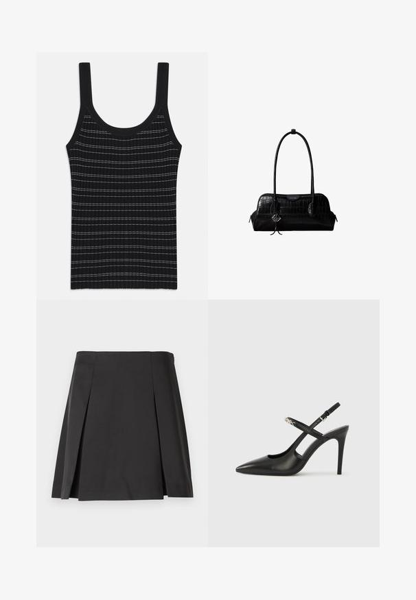 Débardeur noir à rayures blanches fines, avec un col rond et de larges bretelles. Texture lisse, design ajusté.; Jupe plissée noire avec une texture lisse, une forme ajustée et une taille droite. Conçue sans fermetures pour une silhouette épurée.; Escarpins slingback en cuir noir avec bout pointu, design ajouré et bride ajustable ornée de ferrures métalliques.; Sac à épaule en cuir noir à texture crocodile, avec de longues sangles et un petit charm logo argenté sur une sangle.