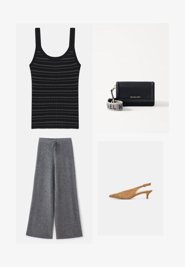 Sort ribbet tanktop med tynde hvide striber, der har en rund halsudskæring og brede skulderstropper. Glat tekstur, tætsiddende design.; Bredde ben, grå bukser lavet af blødt strikstof med en snoretræk i taljen, der viser en tekstureret overflade og rene kanter.; Sandfarvet ruskind slingbacksko med spids tå, perforeret overdel og lav kitten-hæl, med justerbar spænderem.; MICHAEL Michael Kors JET SET SM PHONE WBG XBODY - Skuldertasker - black