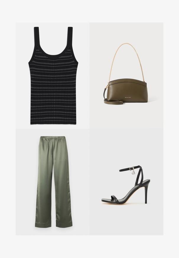 Débardeur noir à rayures blanches fines, avec un col rond et de larges bretelles. Texture lisse, design ajusté.; Pantalon ample en satin vert olive avec une taille élastique et des jambes larges et droites.; Sandale à talon haut noire avec une bride étroite à la cheville, bout carré, cuir lisse et accent de boucle métallique.; Sac à main Michael Kors vert olive avec bandoulière en chaîne dorée, dessus courbé et petit logo doré sur le devant, présenté sur fond blanc.