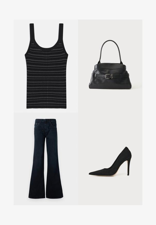 Débardeur noir à rayures blanches fines, avec un col rond et de larges bretelles. Texture lisse, design ajusté.; Jean en denim bleu foncé évasés. Présente une taille haute, deux poches avant et une finition épurée sans matériel visible.; Escarpin stiletto noir à talon haut avec bout pointu et texture lisse, présenté de profil sur un fond clair uni.; Sac à main en cuir noir avec une seule bandoulière et une ceinture décorative avec une boucle argentée sur le devant.