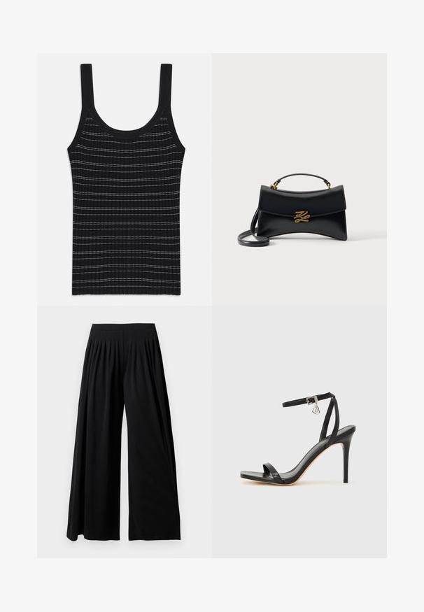 Débardeur noir à rayures blanches fines, avec un col rond et de larges bretelles. Texture lisse, design ajusté.; Pantalon noir à jambes larges, taille haute avec des plis sur le devant, présenté sur un fond blanc uni.; Sandale à talon haut noire avec une bride étroite à la cheville, bout carré, cuir lisse et accent de boucle métallique.; Sac à main en cuir noir avec rabat incurvé, fermoir logo "KZ" doré, poignée supérieure et bandoulière amovible sur fond uni.