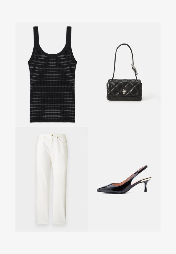 Débardeur noir à rayures blanches fines, avec un col rond et de larges bretelles. Texture lisse, design ajusté.; Pantalons en denim blanc avec une coupe droite, dotés d'une fermeture à bouton sur le devant et d'une texture subtile. Comprend des poches latérales et un matériel minimal.; Escarpin slingback en cuir verni noir avec bout pointu et talon de hauteur moyenne, doté d'un accent métallique près du talon.; Sac à main en cuir noir avec un design matelassé, forme arrondie, courte bandoulière et quincaillerie en ton argent avec un détail de fermoir.