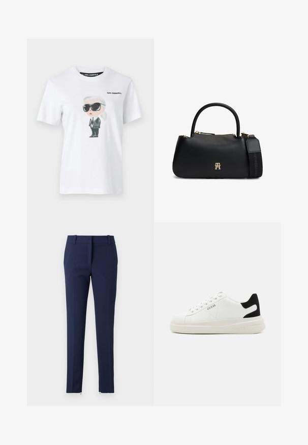 Hvid bomulds t-shirt med en grafisk illustration af en karakter i sorte solbriller og jakkesæt. Mærket siger "KARL LAGERFELD."; Mørkeblå bukser med slim fit, lavet af tekstureret stof. Har flad front, bæltestege og lynlåse ved kanten for ekstra detaljer.; Hvide lædersneakers med en tyk hvid sål, sort ruskindhælvægt og prægede logoer på siden. Snørebåndsdesign med seks øjer.; Sort læderhåndtaske med rundet håndtag, guldfarvet logo i midten og aftagelig skulderrem af mærket stof på hvid baggrund.