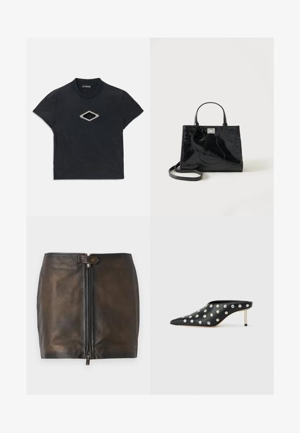 Schwarzes Kurzarm-Crop-Top mit Rundhalsausschnitt und einem silbernen, rautenförmigen Ausschnittdesign auf der Vorderseite.; Schwarzer Leder-Minirock mit einem Reißverschluss vorne, glatter Textur und schmalem Bund. Verfügt über eine kleine Metallakzentuierung am Bund.; STAND STUDIO KELSEY - Pantolette hoch - black; Schwarze Handtasche aus Lackleder mit abgerundeten Griffen, abnehmbarem Schulterriemen und silberner Verschlussklammer auf einfachem weißem Hintergrund.