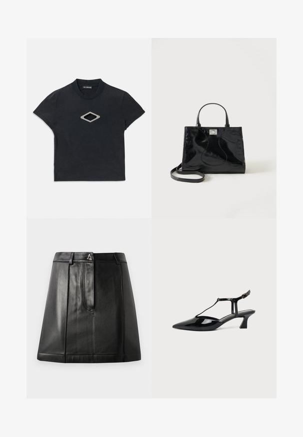 Schwarzes Kurzarm-Crop-Top mit Rundhalsausschnitt und einem silbernen, rautenförmigen Ausschnittdesign auf der Vorderseite.; Schwarzer Lederrock mit strukturiertem Schnitt, ausgestattet mit einer Vordertasche und einem metallischen Akzent an der Taille. Glatte Textur und genähte Details.; Schwarzer Slipper aus Lackleder mit spitz zulaufender Kappe, T-Riemen und niedrigem, schrägem Blockabsatz vor weißem Hintergrund.; Schwarze Handtasche aus Lackleder mit abgerundeten Griffen, abnehmbarem Schulterriemen und silberner Verschlussklammer auf einfachem weißem Hintergrund.
