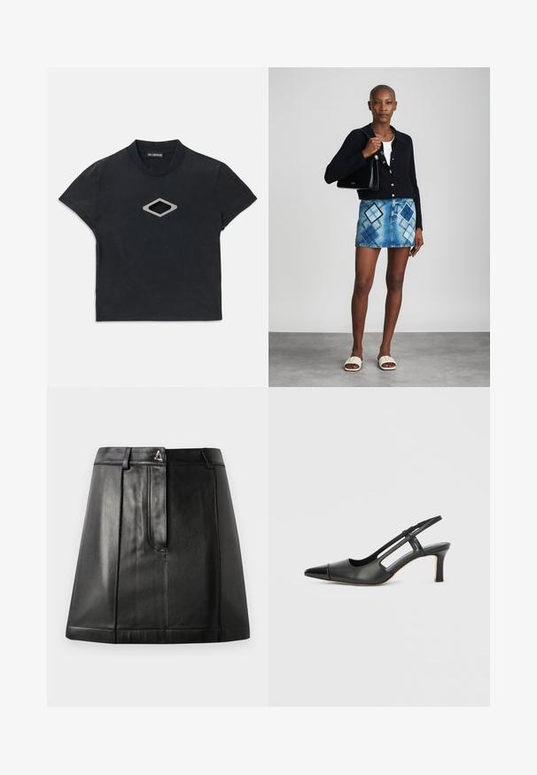Camiseta corta negra de manga corta con escote redondo y un diseño de corte en forma de diamante plateado en la parte central delantera.; Falda de cuero negro con una forma estructurada, que cuenta con un bolsillo frontal y un accesorio metálico en la cintura. Textura suave y detalles de costura.; Zapato slingback de cuero negro con punta afilada, con un acento brillante en la puntera y un tacón de altura media. Diseño con lateral abierto.; Cárdigan negro de punto, blusa blanca, falda de mezclilla con patrón de diamantes en azul y negro, bolso negro y sandalias deslizantes beige.