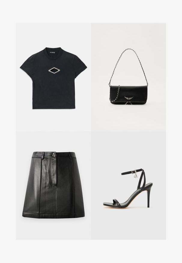 Zwart cropped t-shirt met korte mouwen en een ronde halslijn, met een zilveren diamantvormige uitsnijding in het midden voor.; Zwarte leren rok met een gestructureerde vorm, voorzien van een voorkantzak en een metalen accent op de taille. Gladde textuur en gestikte details.; Zwarte sandaal met hoge hak, smalle enkelband, vierkante neus, soepel leermateriaal en metalen gespsluiting.; Zwarte leren handtas met een zilveren kettingband, voorzien van decoratieve vleugelaccenten en witte stiksels langs de onderste naad.
