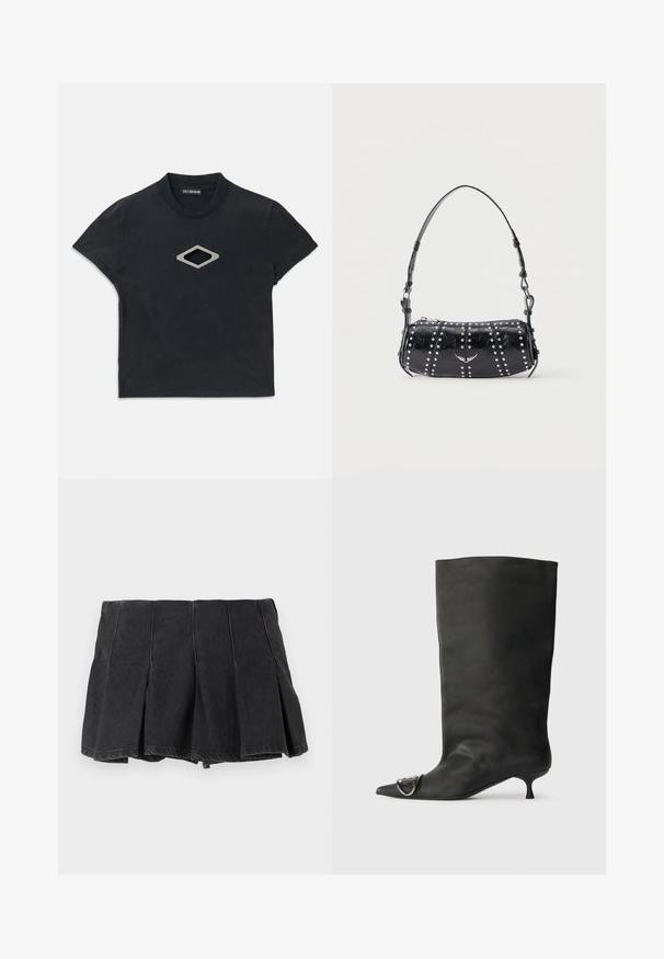 Sort kortærmet cropped t-shirt med rund halsudskæring og et sølvfarvet diamantformet udskæringsdesign i midten foran.; Sort plisseret mini nederdel med synlige sømdetaljer, lavet af denimstof, vist mod en ensartet lys baggrund.; Sort læder ankelstøvle med spidse tå, lille hæl og metallisk detalje på tæerne. Glat, mat overflade hele vejen igennem.; Sort skuldertaske i laklæder med sølvnitter i lodrette rækker og et lille sølvfugleemblem midt på fronten.