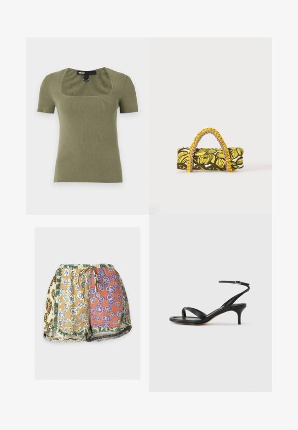 Top en maille côtelée à manches courtes de couleur vert olive avec un col carré et une étiquette de marque visible au niveau du col arrière.; Shorts à taille élastique avec cordon, avec un design patchwork et des imprimés floraux multicolores dans des tons beige, orange, marron et vert.; Sandale pour femme en cuir noir avec fines lanières, une boucle d'orteil, une boucle à la cheville et un talon aiguille de hauteur moyenne sur un fond neutre.; Sac rectangulaire avec motif floral jaune et noir et anse tressée jaune et rose sur fond blanc.