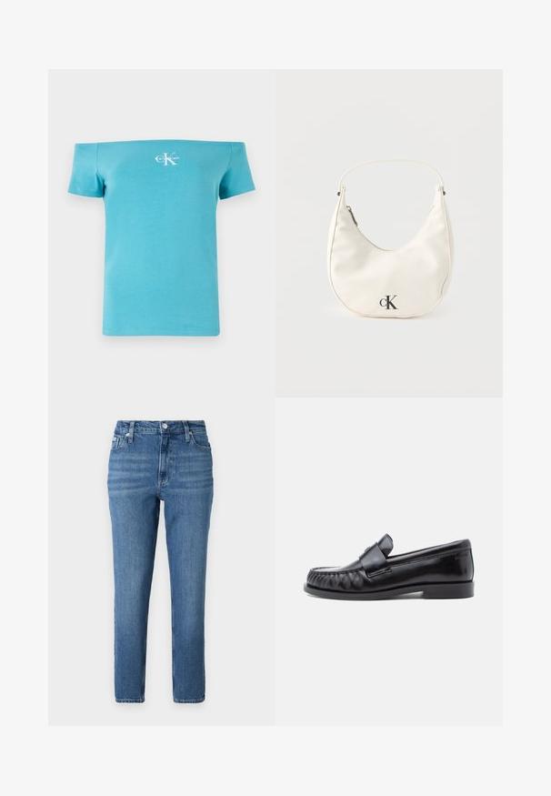 T-shirt turquoise décolleté en coton doux, avec des manches courtes et un logo graphique blanc sur le devant.; Jean en denim bleu clair à taille haute, coupe droite, style cinq poches et décoloration subtile. Dispose d'une fermeture à bouton en métal et à glissière.; Mocassins en cuir noir avec un bout arrondi, une couture distinctive et une bride décorative sur le cou-de-pied. Finition lisse et talon bas.; Petit sac à main blanc en forme de croissant avec une courte bandoulière, fermeture éclair et logo "cK" noir sur le devant.