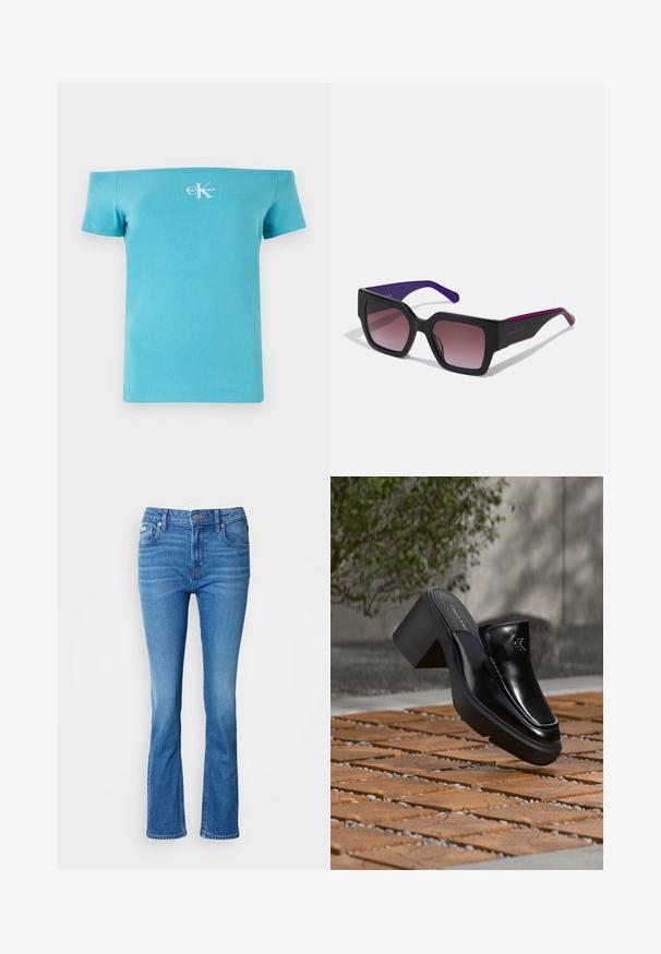 T-shirt turquoise décolleté en coton doux, avec des manches courtes et un logo graphique blanc sur le devant.; Jean en denim bleu évasés avec une taille moyenne, présentant un design classique à cinq poches et une texture légèrement décolorée au niveau des genoux.; Mule slip-on en cuir noir Calvin Klein avec talon bloc reposant sur des carreaux en bois à l'extérieur près d'une plante verte et d'un mur gris.; Lunettes de soleil rectangulaires noires avec des verres dégradés, des branches violettes et des bords élégants. Présentent une finition mate et un logo subtil sur la branche.
