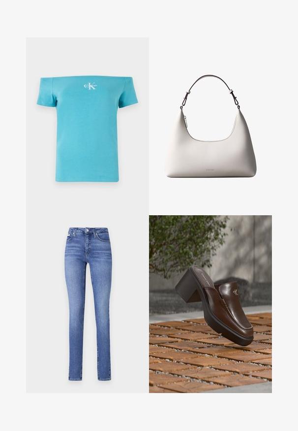 T-shirt turquoise décolleté en coton doux, avec des manches courtes et un logo graphique blanc sur le devant.; Jean slim taille haute en denim bleu clair, avec cinq poches, un léger délavage et une fermeture classique à bouton et zip.; Mule à talon en cuir marron Calvin Klein flottant au-dessus d'un sol en carrelage en bois avec en arrière-plan une plante verte et un mur flous.; Sac à bandoulière en cuir couleur crème de Calvin Klein avec bord supérieur incurvé, fermeture éclair argentée et sangle ajustable brun foncé.