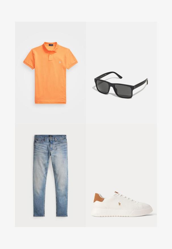 Oranž polo särk, mis on valmistatud puuvillast, ümmarguse kaelusega, lühikeste varrukatega ja väikese sinise logoga vasakul rinnal. Sile tekstuur, klassikaline lõige.; Heledad sinine teksapüksid, tuhm finish, viie tasku disain ja kontrastne õmblus. Omab tõmblukku ja vööauke. Sirge lõige.; Valged madala säärega tossud, pruun kannaosa, valged paelad ja väike tikandiga polo mängija logo külje peal paksu taldmiku kohal.; Mustad mustakas prillid tumedate läätsedega ja mati viimistlusega. Omavad sissekujundatud "POLO" logo kätel ja tugevat raamidisaini.