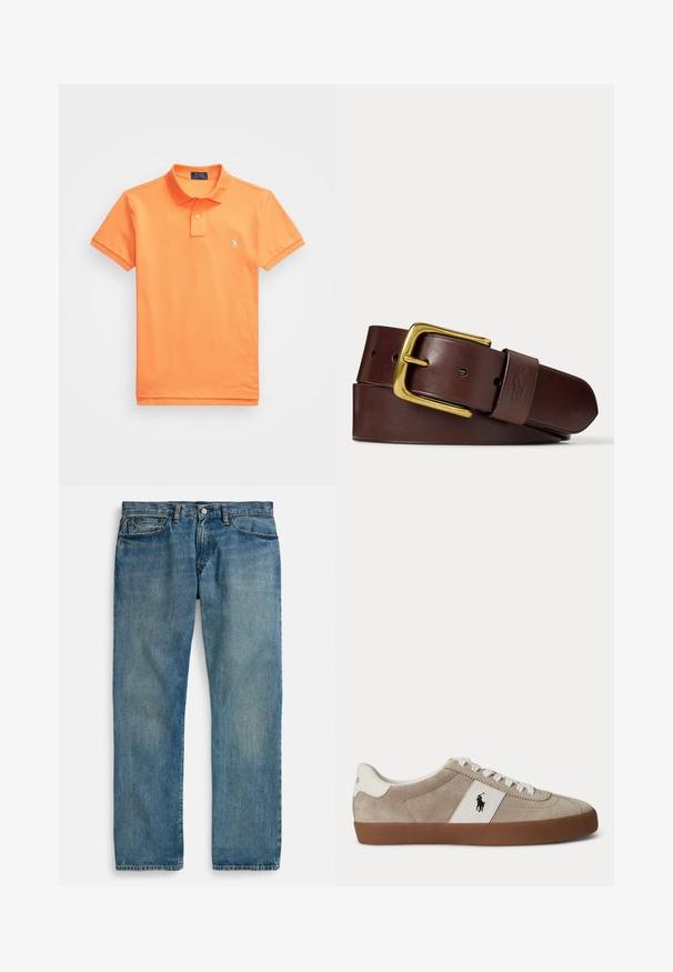 Oranž polo särk, mis on valmistatud puuvillast, ümmarguse kaelusega, lühikeste varrukatega ja väikese sinise logoga vasakul rinnal. Sile tekstuur, klassikaline lõige.; helehallidest teksapüksid sirge lõikega, millel on viis taskut, nööpidega sulgemine ja peen koorimisefekt tekstuuri lisamiseks.; Beežid seemisnahast madala säärega tossud valgete paelte, valge nahkdetaili ja musta hobuse logoga ning pruunast kummist tallaga.; Pruun nahkvöö rullis, millel on kuldne ristkülikukujuline pannal ja nahast aas, millel on reljeefne hobuse ja ratsaniku logo.