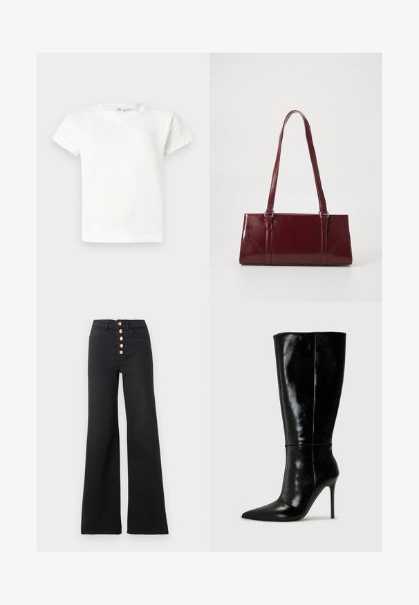 T-shirt blanc uni à manches courtes et col rond, avec un ourlet droit, présenté sur un fond gris clair.; Jean noir taille haute à jambes larges avec cinq boutons dorés à l'avant et poches avant, présenté sur un fond blanc uni.; Bottes noires en cuir, hautes jusqu'au genou, avec un bout pointu et un talon aiguille haut. Texture lisse et design épuré, avec un minimum de détails.; Sac à main bordeaux en matériau brillant, de forme rectangulaire, avec deux anses et des accents légèrement courbés à l'avant.