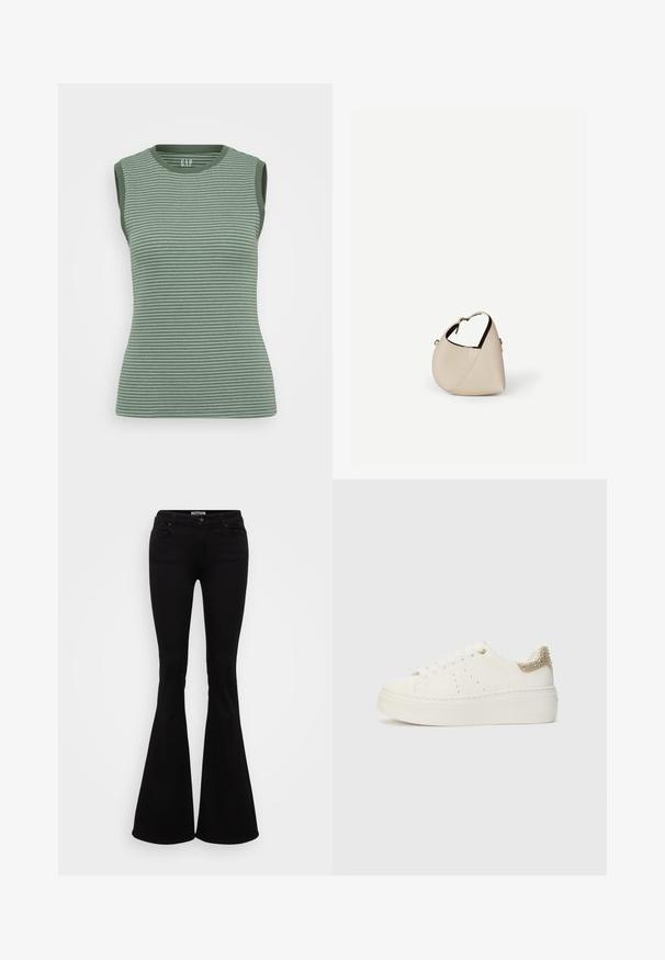Sømløs grøn ribbet tanktop med mørkegrønne detaljer i kanterne. Har en rund hals og en tætsiddende silhuet.; Sort flare jeans lavet af strækdenim, med en tætsiddende talje, for- og baglommer samt en knaplukning i taljen.; Hvide sneakers med en glat læderoverdel og en tekstureret guldfarvet hæl. Har rund tå, snørresystem og platformssål.; Beige læder håndtaske i halvmåneform med en enkelt skulderrem og minimal syning, sat mod en ensartet hvid baggrund.