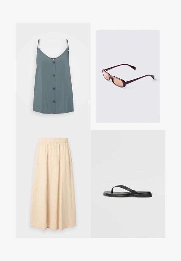 Débardeur vert sauge avec un décolleté en V, fines bretelles et boutons noirs sur le devant. Fabriqué à partir d'un tissu lisse et léger.; Longue jupe beige avec taille élastique, tissu à texture douce et silhouette ample et fluide.; Tongs noires en cuir lisse, avec un design de sangle fine et une semelle plate à profil minimal. Aucun motif ou accent notables.; Lunettes de soleil bordeaux avec monture rectangulaire, verres dégradés et branches élégantes. Le matériau a une finition lisse et brillante.