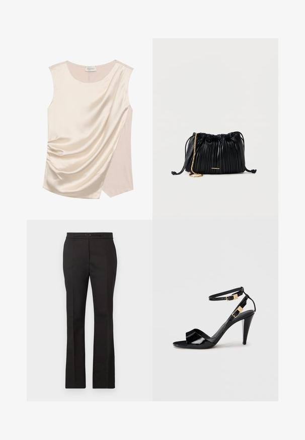 Top sans manches en satin crème au design drapé, présentant une texture lisse et un panneau contrastant d'une teinte plus claire sur le côté.; Pantalon noir sur mesure à jambes droites, taille avec une petite ceinture et une boucle, présenté sur un fond clair uni.; Sandale à talon haut en cuir verni noir avec double bride de cheville et boucles dorées, bout ouvert, et talon effilé sur fond neutre.; Sac à main en cuir noir plissé avec cordon de serrage, bandoulière chaîne dorée et petit accent horizontal doré sur le devant.
