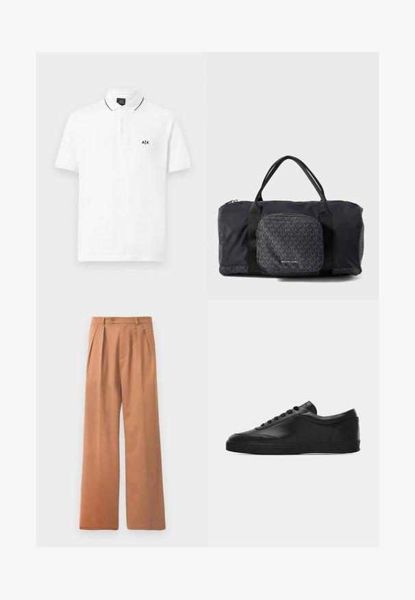 Polo shirt blanc en coton, doté d'une patte de boutonnage à trois boutons, de manches courtes et d'un logo noir brodé sur la poitrine gauche.; Pantalons larges beiges avec une taille plate, des plis et une fermeture à un bouton à la taille. Texture lisse et design longueur complète.; Baskets basses en cuir noir avec lacets sur le devant et semelle en caoutchouc plate, vues de côté sur un fond blanc uni.; Sac de voyage en nylon noir avec un motif répétitif du logo MK, doté de deux poignées et d'une poche zippée à l'avant. Texture lisse et design multifonctionnel.