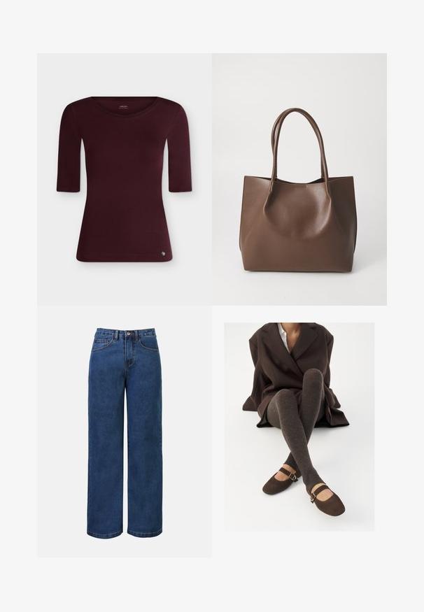 Haut moulant bordeaux pour femme, à manches trois-quarts et col rond, présenté sur fond blanc uni. Aucun motif ou dessin visible.; Jean large en denim bleu foncé avec taille haute, doté d'une fermeture à bouton, de passants de ceinture et de poches avant et arrière. Texture lisse.; Des chaussettes marron côtelées jusqu'aux genoux associées à des ballerines en daim marron de type Mary Jane avec une sangle décorative et une boucle, portées avec un manteau sombre.; Sac en cuir marron avec deux longues poignées, forme structurée, texture lisse et design minimaliste. Aucun matériel ni accent visible.