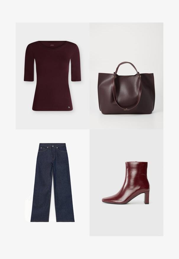 Haut moulant bordeaux pour femme, à manches trois-quarts et col rond, présenté sur fond blanc uni. Aucun motif ou dessin visible.; Jean denim bleu foncé à jambes larges avec bouton à l'avant, fermeture éclair et poches avant et arrière, présenté à plat sur fond blanc.; Bottine en cuir bordeaux avec un bout pointu et un talon carré. Texture lisse avec une silhouette élégante et des lignes épurées.; Sac fourre-tout en cuir bordeaux avec une texture lisse, deux poignées solides et un design minimaliste. Présente un subtil détail en métal doré.
