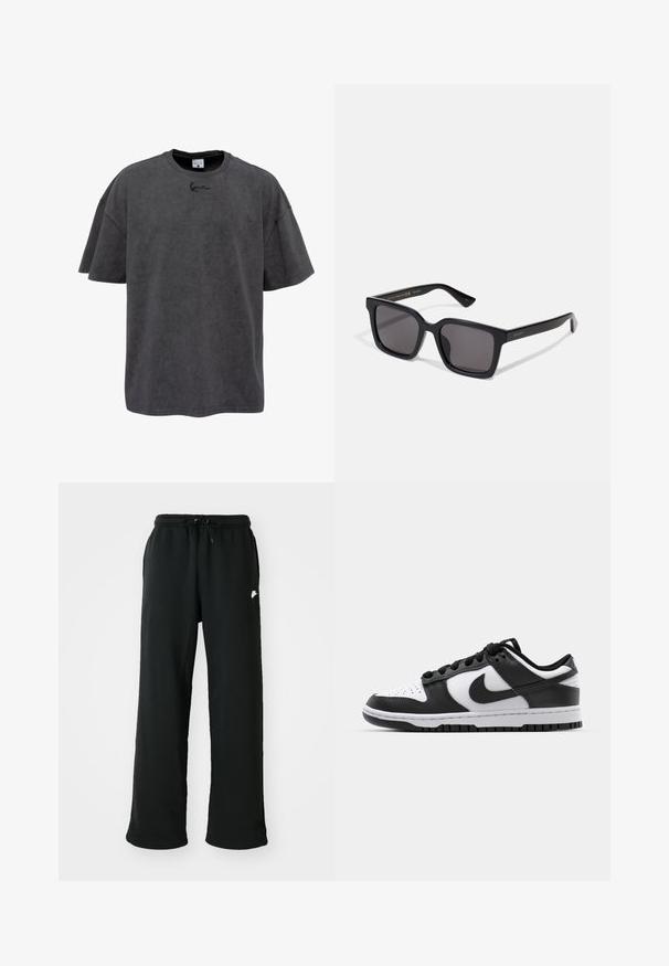 Grijze oversized t-shirt van een katoenmix, met een ronde hals en korte mouwen. Het heeft een subtiele geborduurde logo op de borst.; Zwarte sweatpants van zachte stof, met een elastische tailleband met verstelbaar trekkoord en een klein logoaccent aan de zijkant.; Zwart-witte Nike Dunk sneakers met een leren bovenwerk, geperforeerde neus, zwarte veters en een zwarte rubberen zool met profiel.; Zwarte vierkante zonnebril met donkere lenzen. Het montuur heeft een matte afwerking met gouden "GUCCI" branding op de arm. Stevig ontwerp met hoekige randen.