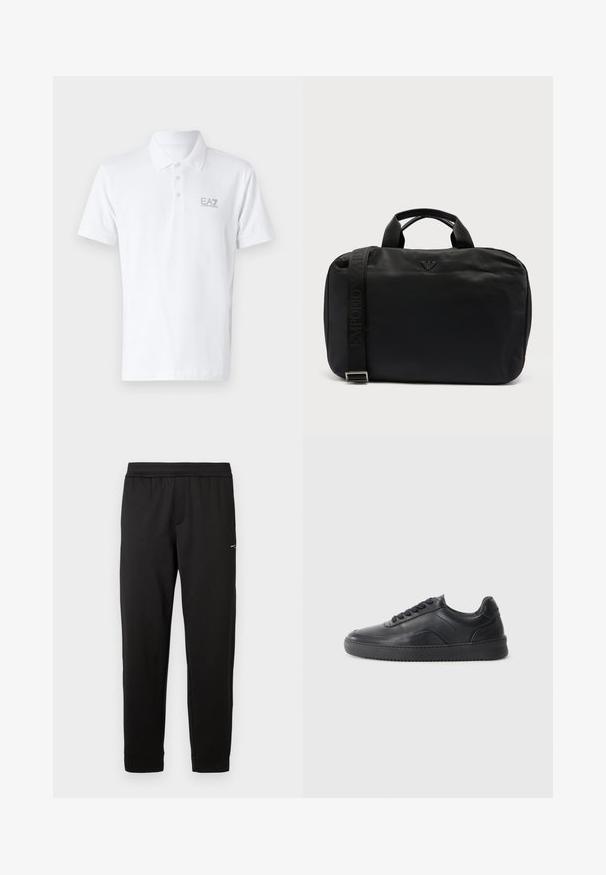 Polo shirt blanc en coton. Il présente un col classique, une patte de boutonnage à trois boutons et un logo EA7 gris clair sur la poitrine. Manches courtes.; Pantalon de sport noir en tissu doux. Taille élastique et poignets élastiques. Présente un petit logo sur le côté. Coupe droite.; Chaussure de sport en cuir noir avec une finition lisse, bout arrondi, panneau latéral texturé et lacets noirs. Présente une semelle en caoutchouc plate et un design minimaliste.; Sac d'épaule rectangulaire noir avec deux poignées, logo Emporio Armani à l'avant, et sangle réglable avec marque sur le côté gauche.