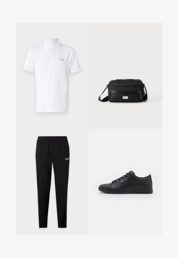 Valkoinen polo-paita, joka on valmistettu puuvillasta. Ominaisuuksiin kuuluu klassinen kaulus, kolme nappia edessä ja vaaleanharmaa EA7-logo rintataskussa. Lyhyet hihat.; Musta slim fit -malliset verkkarit joustavalla vyötäröllä ja pienellä logolla reiden yläosassa yksivärisellä taustalla.; Mustat nahkakengät, joissa on sileä pinta, pyöreä kärki, litteä kumipohja ja kontrastiväriset logoelementit sivuilla ja kannassa.; Musta suorakaiteen muotoinen olkalaukku, jossa etutasku vetoketjulla, säädettävä hihna ja hopeinen suorakaiteen muotoinen logolaatta yksivärisellä taustalla.