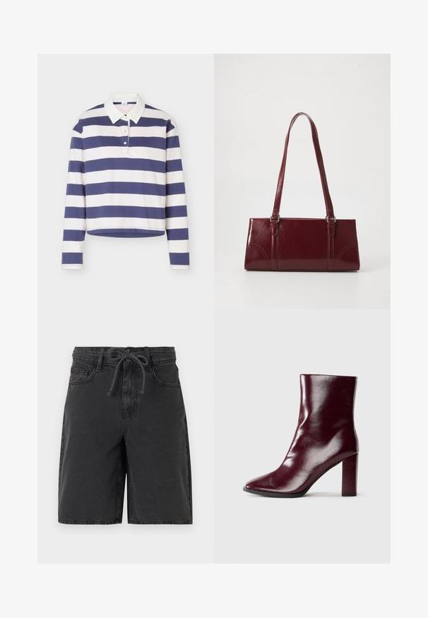 Maillot de rugby à manches longues avec rayures horizontales bleu marine et blanc et un col blanc, doté d’une patte à deux boutons.; Shorts en jean noir avec passants pour ceinture, poches avant et cordon noué à la taille, présentés sur un fond uni.; Botte en cuir bordeaux foncé brillant mi-mollet avec bout pointu et talon bloc haut sur fond neutre.; Sac à main bordeaux en matériau brillant, de forme rectangulaire, avec deux anses et des accents légèrement courbés à l'avant.