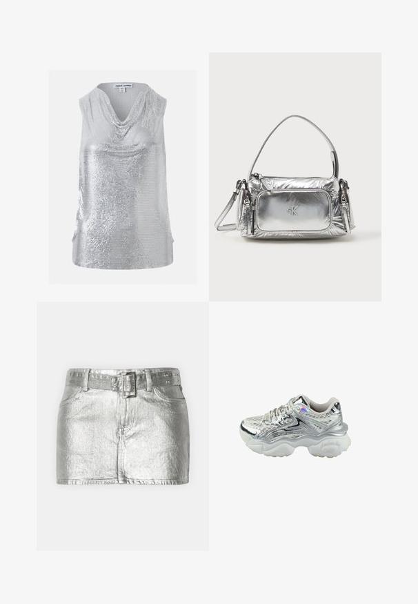 Top sans manches argenté à sequins avec un col bénitier drapé, taille XS/S, marque Jaded London.; Jupe en denim métallique argentée avec une taille ceinturée, comportant quatre poches, une fermeture éclair à l'avant et une texture légèrement usée.; Baskets argentées avec une tige en mesh, présentant un design métallique brillant, une épaisse semelle blanche et des accents réfléchissants. Surface texturée pour une meilleure adhérence.; Sac à main en argent métallique de forme rectangulaire, avec une fermeture éclair sur le dessus et une poche avant. Il est doté d'une courte poignée et d'une sangle réglable. Fini texturé.