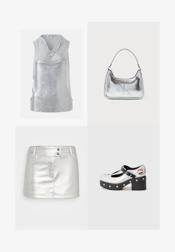 Top sans manches argenté à sequins avec un col bénitier drapé, taille XS/S, marque Jaded London.; Jupe en cuir synthétique argenté avec un motif crocodile texturé, dotée de deux accents de boutons bleus et d'un design ajusté.; Chaussures à plateforme holographiques avec un design à sangle en T, présentant des accents noirs, des clous en argent sur la semelle et un graphisme de crâne sur le côté.; Sac à main en métal argenté de forme courbée, avec fermeture zippée et une bandoulière. Présente le logo "CK" en relief à l'avant.