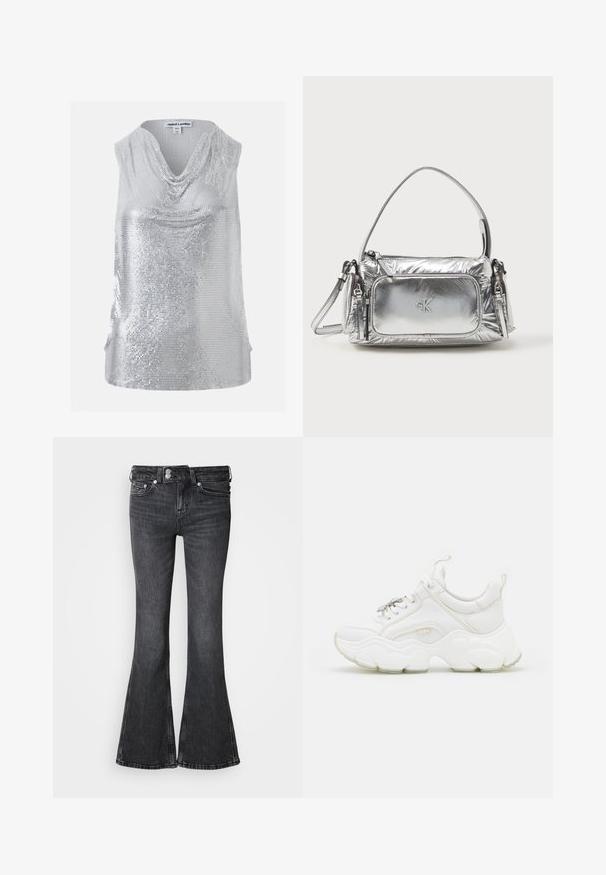 Top sans manches argenté à sequins avec un col bénitier drapé, taille XS/S, marque Jaded London.; Jean flare noir en denim, avec une taille mi-haute, cinq poches et un ourlet cousu. Logo décoratif sur la ceinture arrière.; Baskets blanches chunky en cuir et mesh, dotées d'une semelle épaisse, d'un bout arrondi et de lacets décoratifs. Accents légèrement texturés.; Sac à main en argent métallique de forme rectangulaire, avec une fermeture éclair sur le dessus et une poche avant. Il est doté d'une courte poignée et d'une sangle réglable. Fini texturé.