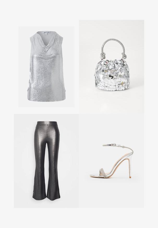 Top sans manches argenté à sequins avec un col bénitier drapé, taille XS/S, marque Jaded London.; Even&Odd Petite by Zalando Pantalon classique - black/silver; Sandale à talon haut argenté avec une fine sangle à la cheville, une sangle supérieure ornée, un bout en amande et une finition brillante, miroir.; Sac à main rond en argent recouvert de paillettes réfléchissantes, avec une anse tressée et un petit logo à l'avant. Texture lisse dans l'ensemble.