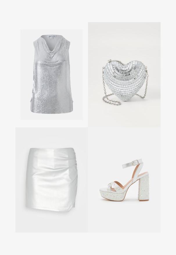 Top sans manches argenté à sequins avec un col bénitier drapé, taille XS/S, marque Jaded London.; Even&Odd by Zalando Short - silver; Sandales à plateforme blanches avec une finition métallique, présentant deux brides croisées, une bride de cheville et un talon carré orné de gemmes scintillantes.; Pochette en forme de cœur argenté, faite de carreaux réfléchissants, avec une fermeture à charnière et une chaîne. Texture lisse avec surface réfléchissante.
