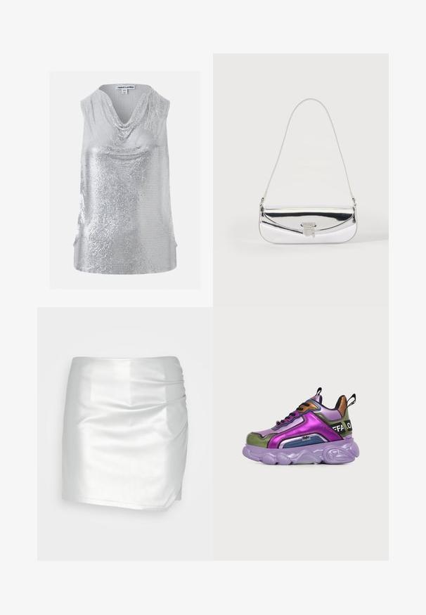 Sølvfarget ermeløs paljettopp med drapert halsskjæring, størrelse XS/S, merke Jaded London.; Even&Odd by Zalando Shorts - silver; Chunky sneaker med metalliske lilla, grønne og bronsefargede paneler, svarte skolisser, tykk lavendelfarget såle og svart hælstropp med hvit tekst.; Liten sølv skulderveske med en tynn stropp og klaff foran sikret med en metallspenne.