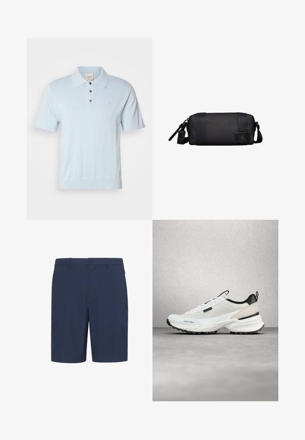 Lyseblå polo-shirt med korte ærmer, krave, tre-knaps placket og et diskret logo på brystet. Blødt strikket materiale.; Marineblå shorts lavet af letvægtsstof, med flad front, bæltestropper og knaplukning, velegnet til afslappet brug.; Hvid og sort Calvin Klein-sneaker med mesh-sider og tyk sål, der svæver over et gråt gulv nær en glasblokvæg.; Kompakt sort cylindrisk toilettaske med justerbar rem og Calvin Klein-logo på forreste mærke.