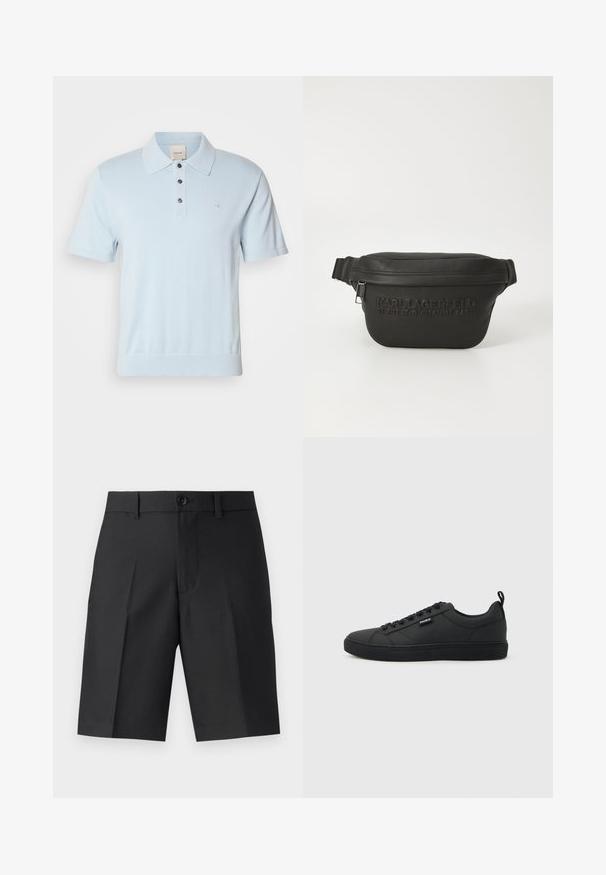 Lyseblå polo-shirt med korte ærmer, krave, tre-knaps placket og et diskret logo på brystet. Blødt strikket materiale.; Sorte skræddersyede shorts lavet af letvægtsstof, med lige snit, enkelt plisseringer og lukning med en frontknap.; Sort lavtop sneakers med snørelukning, flad sål og lille "HUGO"-mærke på siden, vist i profil mod en lys baggrund.; Sort læder bæltevõs med tekstureret finish. Funktioner inkluderer prægede brandnavn, lynlåslukning, justerbar rem og minimalistisk design.