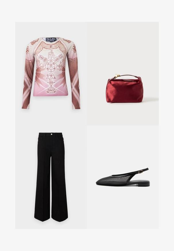 Camisa de manga larga en tonalidades degradadas de rosa claro y marrón, con intrincados gráficos geométricos y florales, fabricada en tela suave.; Pantalones de mezclilla negros de pierna ancha, hechos de una tela resistente, con una cintura alta, bolsillos frontales y un cierre de botón en la parte delantera. Dobladillo recto en la parte inferior.; Zapato plano negro tipo slingback con punta estrecha, parte superior de malla, correa ajustable con hebilla y tacón bajo apilado sobre fondo blanco.; Bolso de cosméticos de satén burdeos con forma rectangular, cierre de cremallera y un mango corto. Presenta un diseño minimalista y una textura suave.