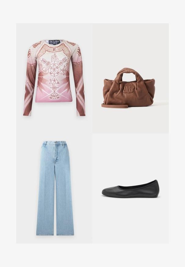Camisa de manga larga en tonalidades degradadas de rosa claro y marrón, con intrincados gráficos geométricos y florales, fabricada en tela suave.; Jeans de mezclilla de corte ancho en azul claro con una cintura alta, con cinco pasadores para cinturón, cierre frontal con botón y costuras cosidas.; Bailarina de piel negra con punta redondeada, textura suave, detalle de costura minimalista y diseño de suela flexible.; Bolso de mano de cuero marrón suave con asas cortas, un logo cosido en la parte delantera y una correa larga desmontable sobre un fondo claro y liso.
