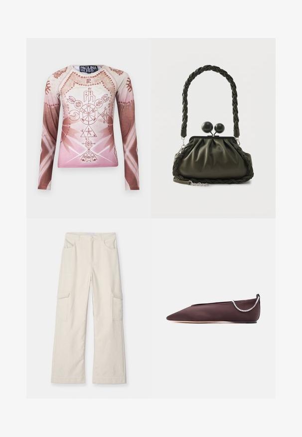 Langærmet skjorte i gradientnuancer af lys pink og brun, med detaljerede geometriske og blomsterlige grafikker, lavet af glat stof.; Creme cargo bukser lavet af tekstureret stof, med to sidelommer, lige ben-design og en tætsiddende talje med forlukning.; Mørkebrun flad sko med spids tå, lav hæl og en sølvfarvet rhinstenkæde detalje bagpå.; Olivengrøn læderhåndtaske med flettet håndtag og sølvhardware, med en samlet design og runde låsedetaljer på toppen.