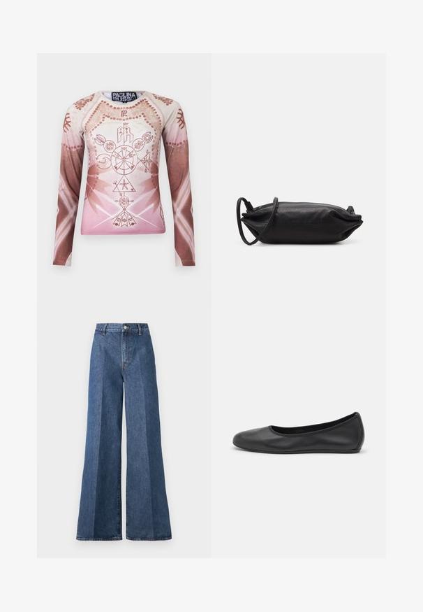 Camisa de manga larga en tonalidades degradadas de rosa claro y marrón, con intrincados gráficos geométricos y florales, fabricada en tela suave.; Jeans de mezclilla azul de pierna ancha con cintura alta, que cuentan con un estilo clásico de cinco bolsillos y un cierre de botón, confeccionados en tela de algodón texturizado.; Bailarina de piel negra con punta redondeada, textura suave, detalle de costura minimalista y diseño de suela flexible.; Bolso de mano de cuero negro con forma rectangular, textura suave, correa delgada para el hombro y diseño minimalista.