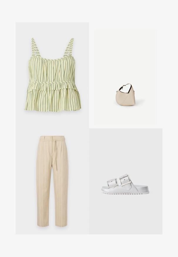 Haut jaune sans manches avec de fines rayures verticales sombres, buste froncé, détail taille péplum et larges bretelles.; Pantalon beige à rayures avec une coupe décontractée, présentant une taille cintrée, une fermeture à bouton et une ceinture à nouer, fabriqué à partir d'un tissu léger.; Sandales argentées avec deux larges brides réglables, matériau texturé et une semelle plate présentant un motif en zigzag au fond.; Sac à main en cuir beige en forme de croissant avec une seule bandoulière et des coutures minimalistes, posé sur un fond blanc uni.