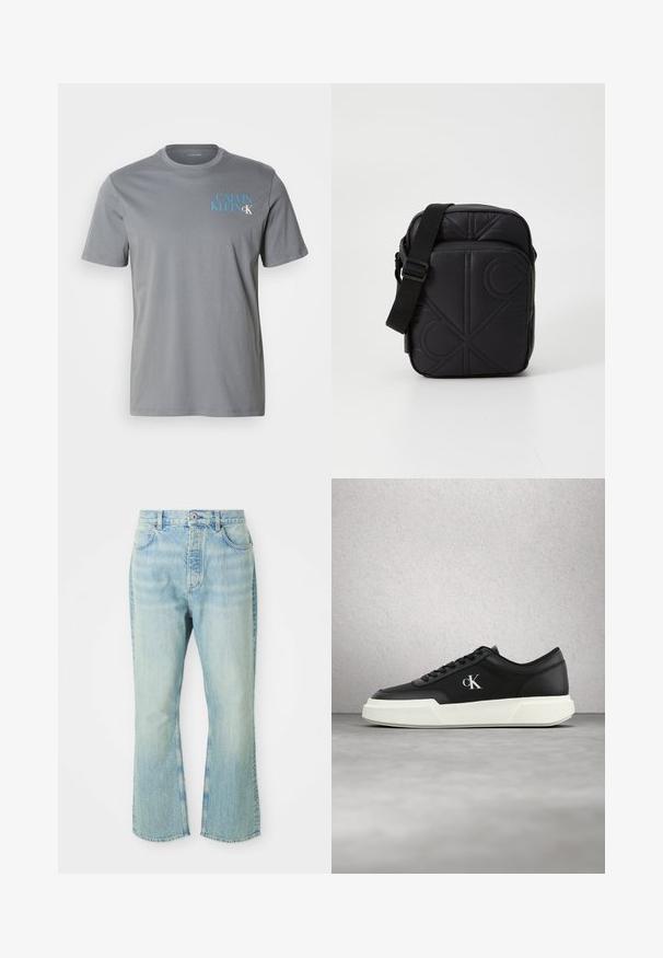 Graues Baumwoll-T-Shirt mit Rundhalsausschnitt und kurzen Ärmeln, mit blauer "CALVIN KLEIN"-Aufschrift auf der linken Seite. Glatte Textur.; Hellblaue, ausgestellte Jean mit hoher Taille, ausgestattet mit fünf Taschen, Gürtelschlaufen und einem ausgewaschenen Denim-Look.; Schwarzer Ledersneaker mit weißer Sohle und "cK" Logo, schwebend vor einer Wand aus Glasklötzen und einem Betonboden.; Schwarze gesteppte Umhängetasche mit verstellbarem Tragegurt, rechteckiger Form, mit geprägtem Logo-Muster und glatter Textur.