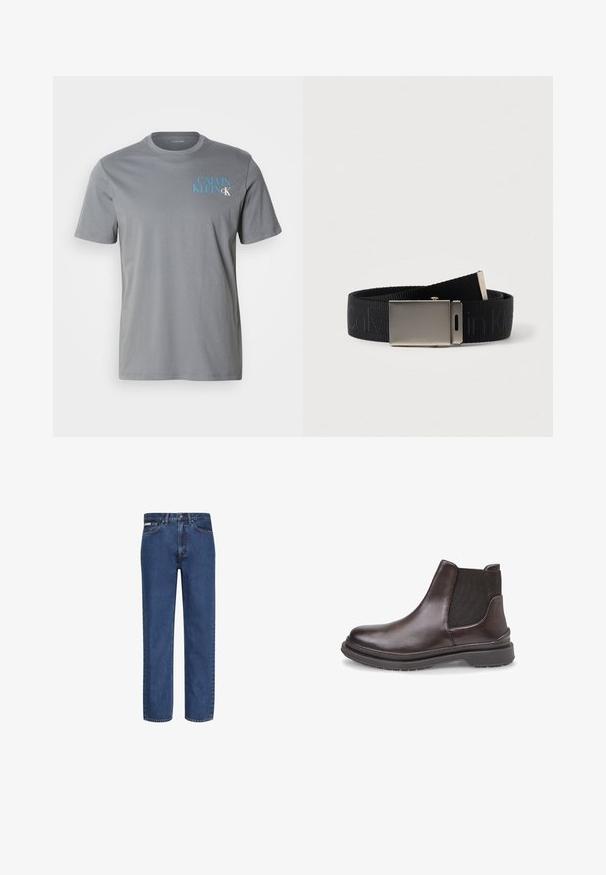 Graues Baumwoll-T-Shirt mit Rundhalsausschnitt und kurzen Ärmeln, mit blauer "CALVIN KLEIN"-Aufschrift auf der linken Seite. Glatte Textur.; Blaue Jeans mit geradem Bein aus Denim, mit fünf Taschen, einem Knopf- und Reißverschluss sowie dezenter Verblassung am Stoff.; Braune Leder-Chelsea-Stiefel mit schwarzen elastischen Seitenpaneelen, runder Zehenform und einer strukturierten Gummisohle für besseren Grip. Glatte Oberfläche und minimalistisches Design.; Schwarzer Stoffgürtel mit einer matten silbernen rechteckigen Schnalle, die auf dem Riemen dezent geprägt ist mit Calvin Klein Branding.