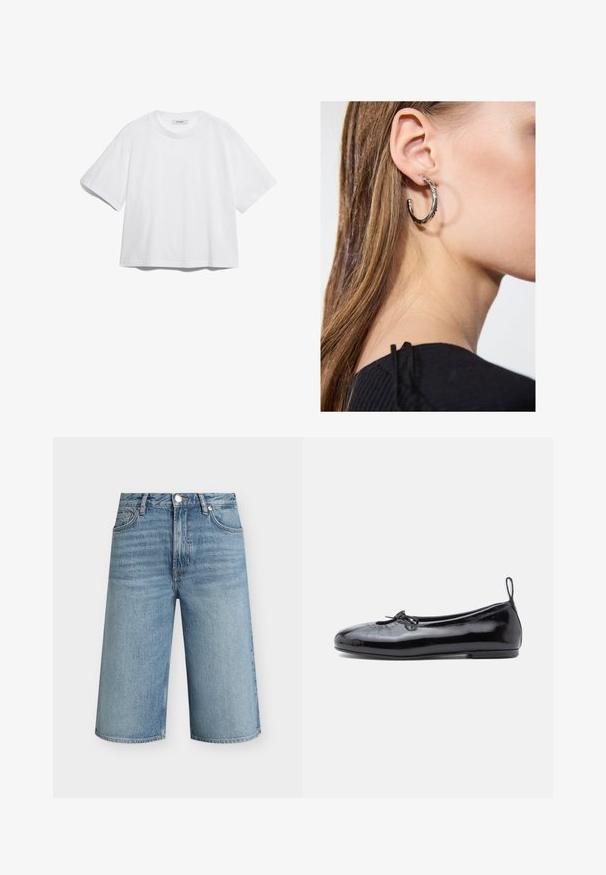 Weißes Baumwoll-T-Shirt mit kurzen Ärmeln, rundem Ausschnitt, lockerer Passform und ohne sichtbare Muster oder Grafiken. Glatte Textur und einfaches Design.; Hellblaue Jeans-Knielange Shorts mit vorderer Knopf- und Reißverschluss, Gürtelschlaufen und Fronttaschen, dargestellt auf schlichtem Hintergrund.; Schwarze Lackleder-Ballerinas mit runder Zehenpartie, kleinen Schleifendetails und glatter Textur; verfügen über eine flache Laufsohle und eine Zuglasche an der Ferse.; Silberne Creolen mit polierter Oberfläche, die kleine goldene Akzentdetails und eine runde Form aufweisen, am Ohrläppchen getragen.