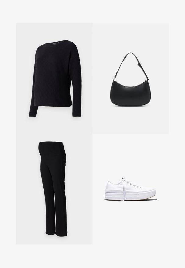 Zwarte trui met lange mouwen, voorzien van een diamantpatroon, ronde halslijn en een losse fit. De stof lijkt zacht en licht gewafeld.; ONLY MATERNITY OLMHALLE - Broek - black; Witte lage canvas sneaker met dikke plateauzool, veters aan de voorkant en rubberen toeskap met structuur, zijaanzicht.; Pieces PCALUANA SHOULDER BAG - Handtas - black